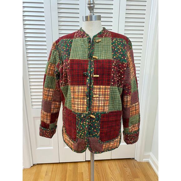 Vintage Quilt Coat, Red and Green Patchwork Jacket, Toggle Buttons, Womens M L - Picture 1 of 8